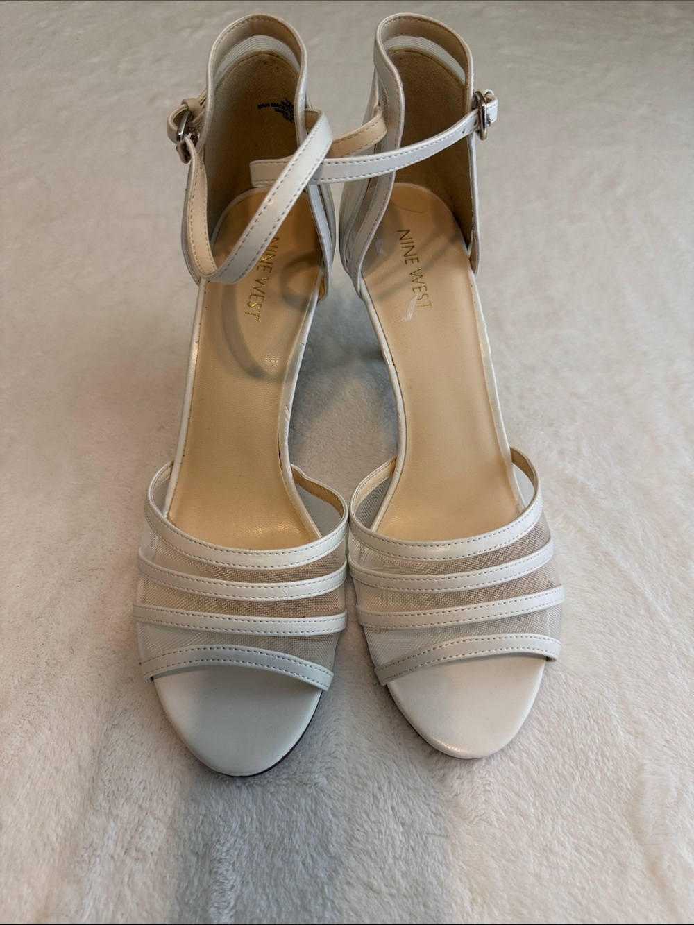 Nine West White Strappy Ankle‑Buckle Heels